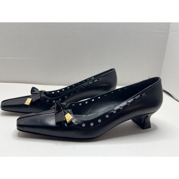 Stuart Weitzman Square Toe Leather Kitten Heel Bow Shoes Pump‎ Size 6.5 Black - Picture 4 of 9